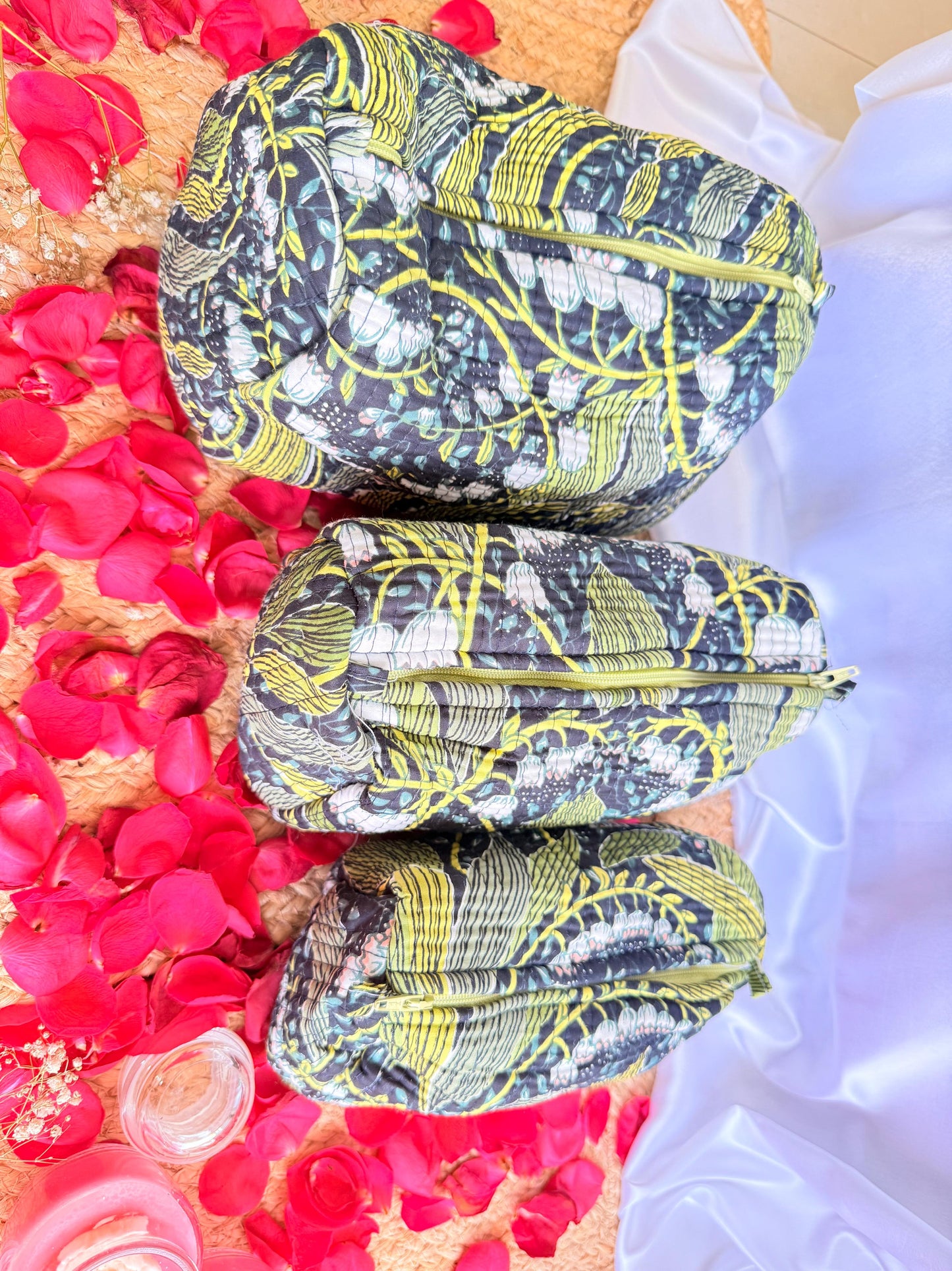 Black Floral Handblock Travel Pouch Organizer Set of 3