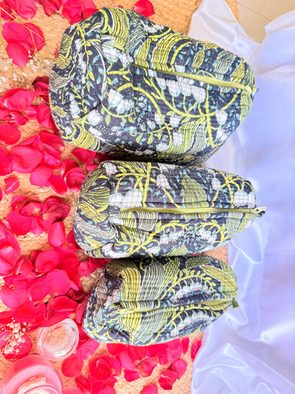 Black Floral Handblock Travel Pouch Organizer Set of 3