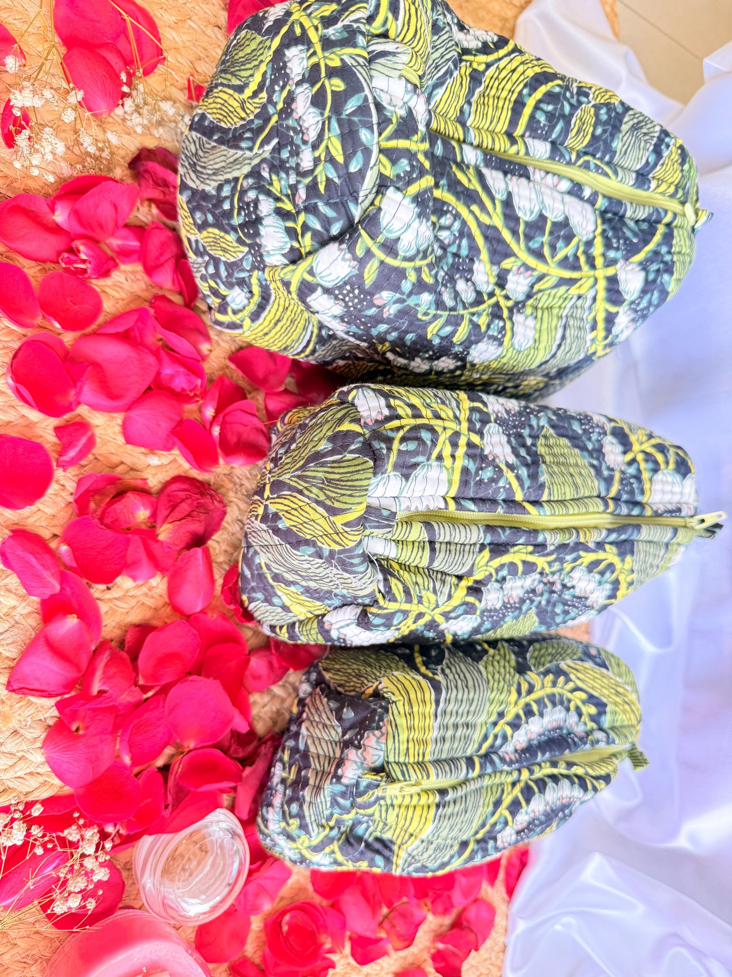 Black Floral Handblock Travel Pouch Organizer Set of 3