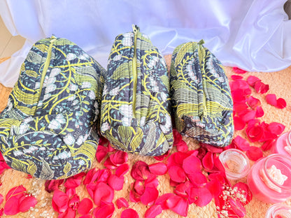 Black Floral Handblock Travel Pouch Organizer Set of 3