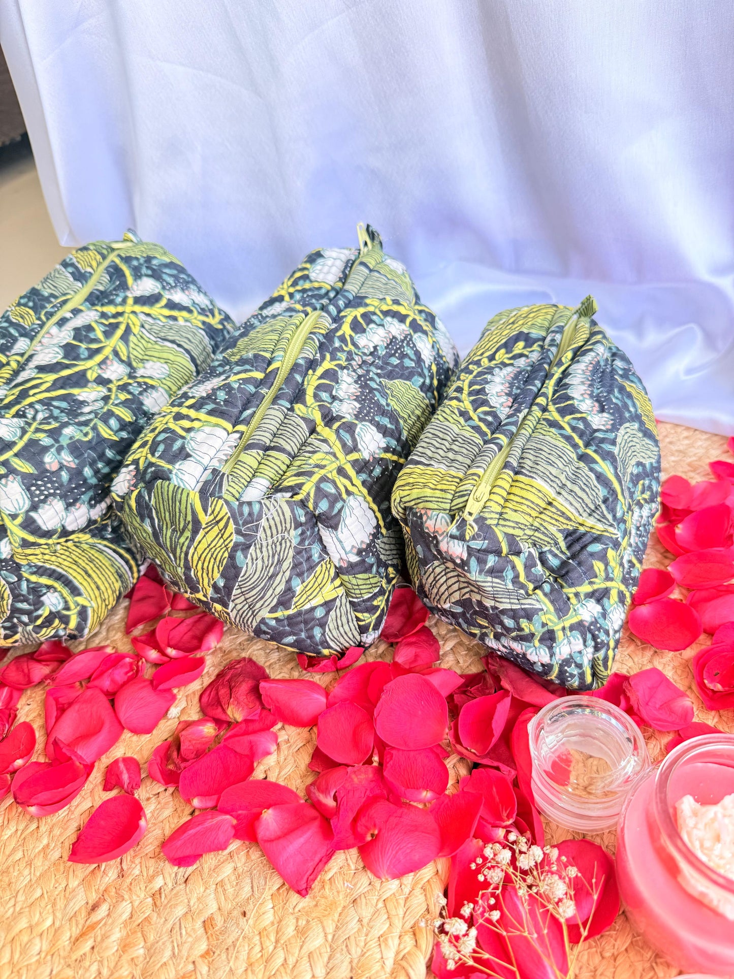 Black Floral Handblock Travel Pouch Organizer Set of 3
