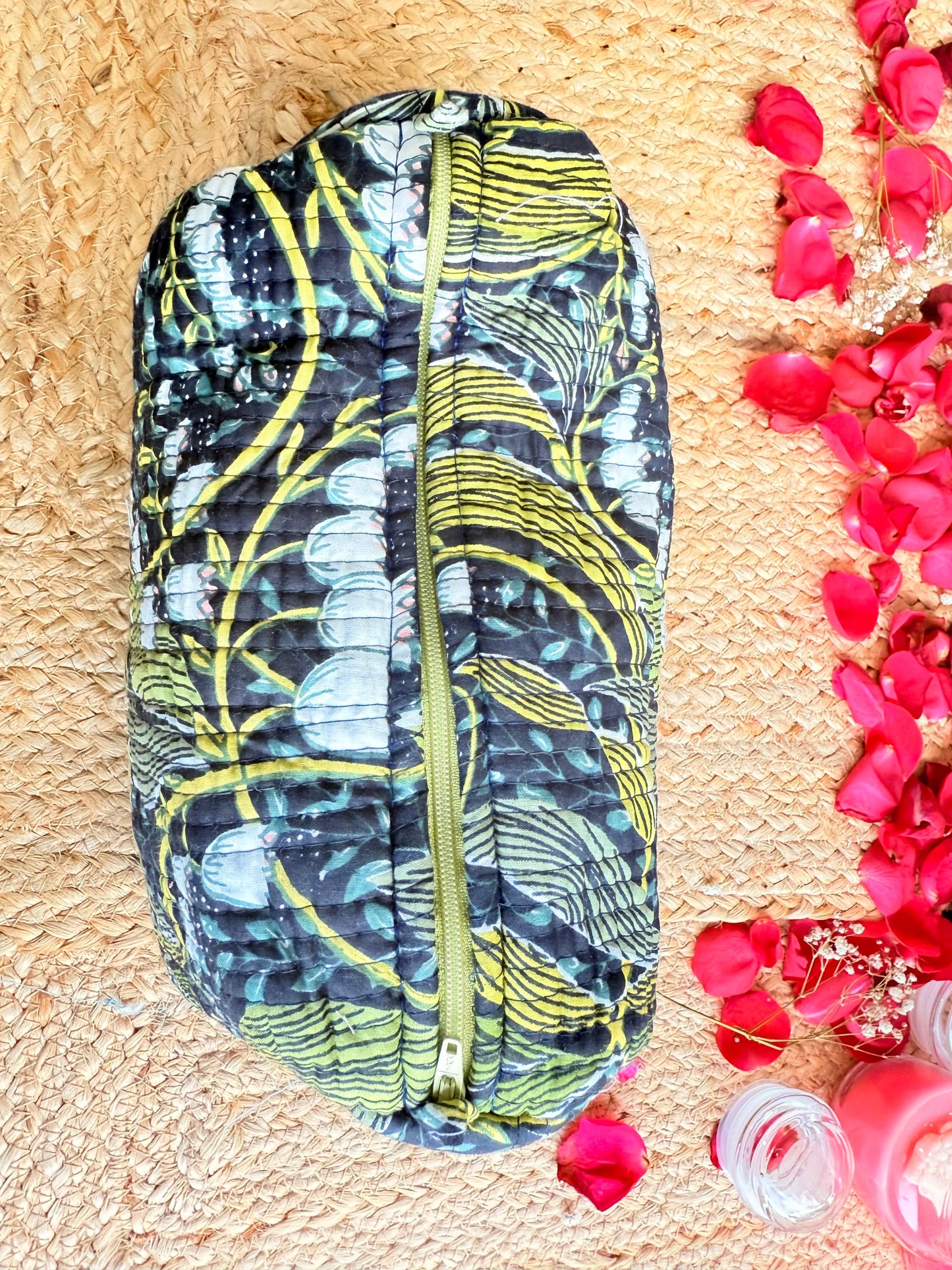 Black Floral Handblock Travel Pouch Organizer Set of 3