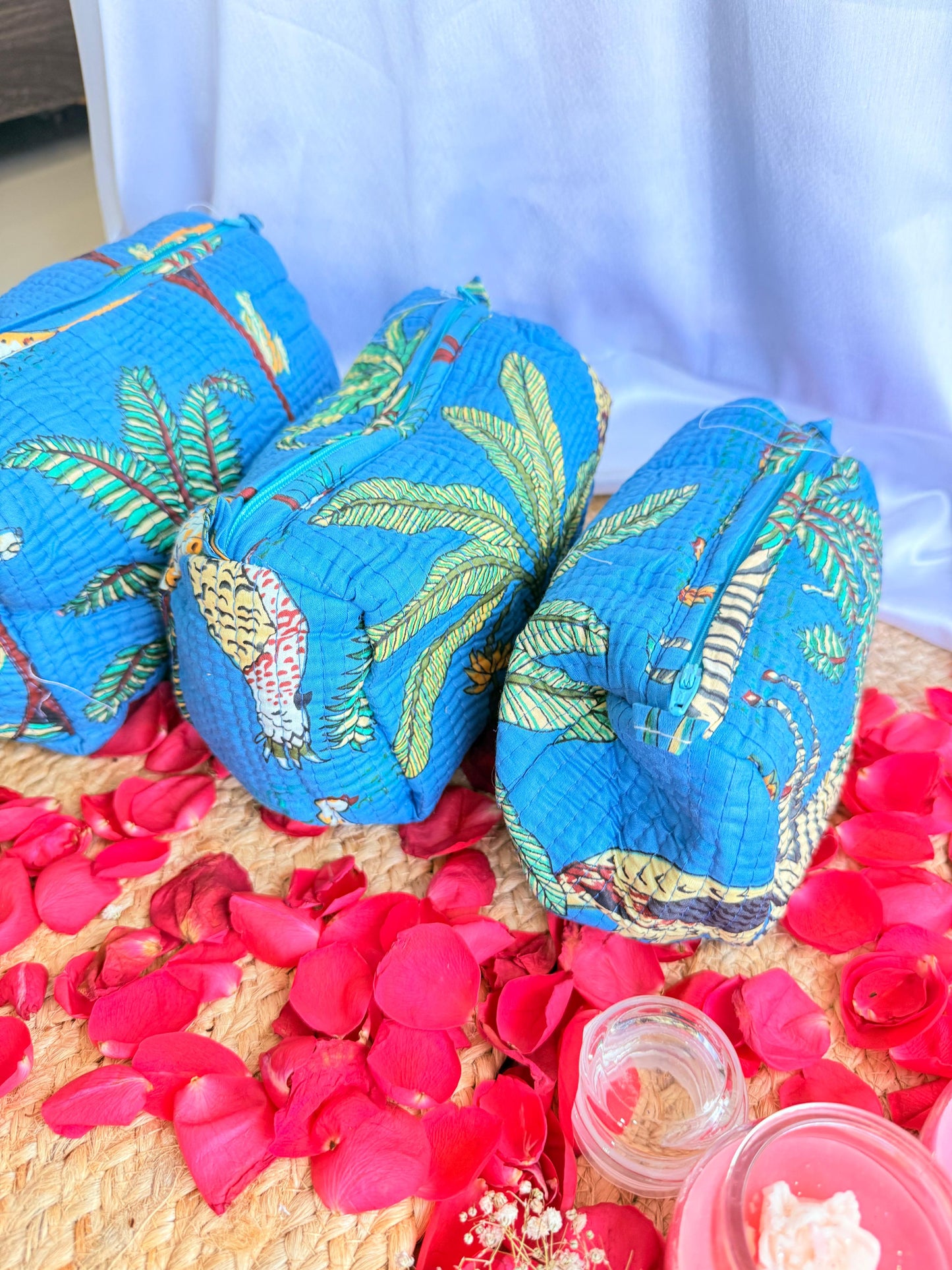 Dark Blue Floral Handblock Travel Pouch Organizer Set of 3