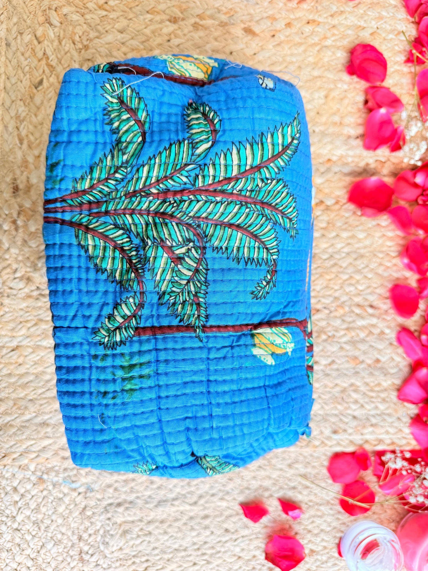 Dark Blue Floral Handblock Travel Pouch Organizer Set of 3