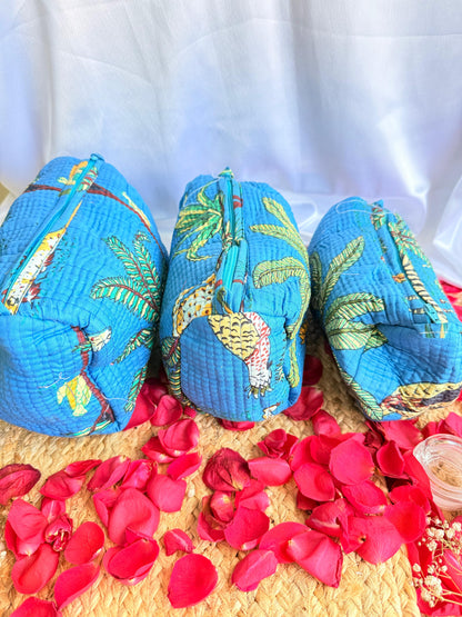Dark Blue Floral Handblock Travel Pouch Organizer Set of 3
