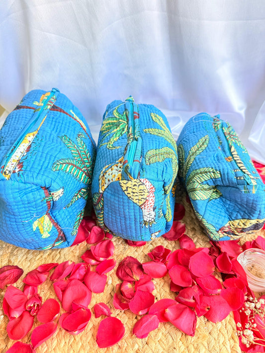 Dark Blue Floral Handblock Travel Pouch Organizer Set of 3