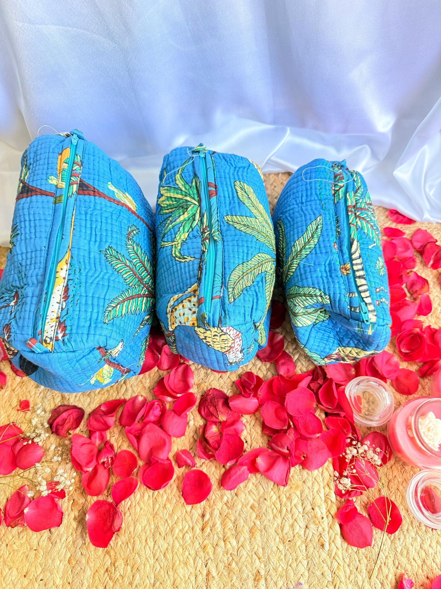 Dark Blue Floral Handblock Travel Pouch Organizer Set of 3