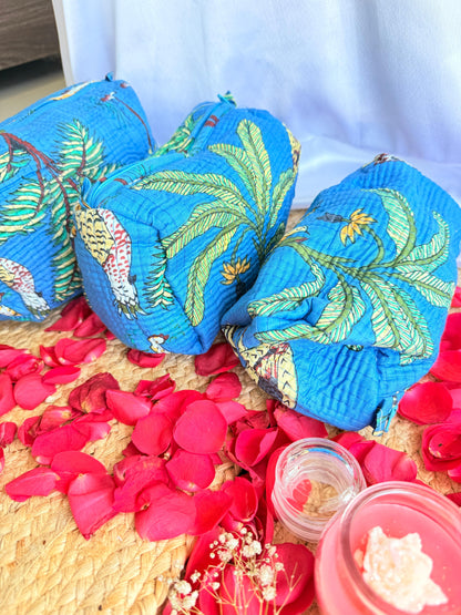 Dark Blue Floral Handblock Travel Pouch Organizer Set of 3