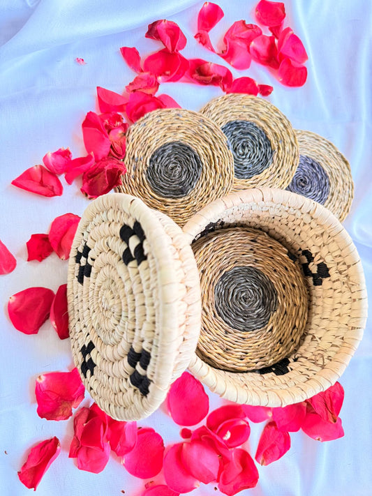 Black and White Handcrafted Jute Coasters With Sabai Grass Basket (SET OF 6 COASTERS + 1 BASKET)
