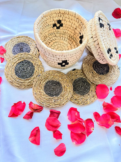Black and White Handcrafted Jute Coasters With Sabai Grass Basket (SET OF 6 COASTERS + 1 BASKET)