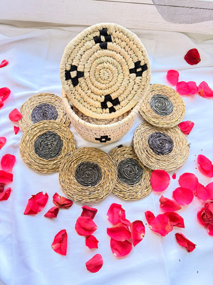 Black and White Handcrafted Jute Coasters With Sabai Grass Basket (SET OF 6 COASTERS + 1 BASKET)