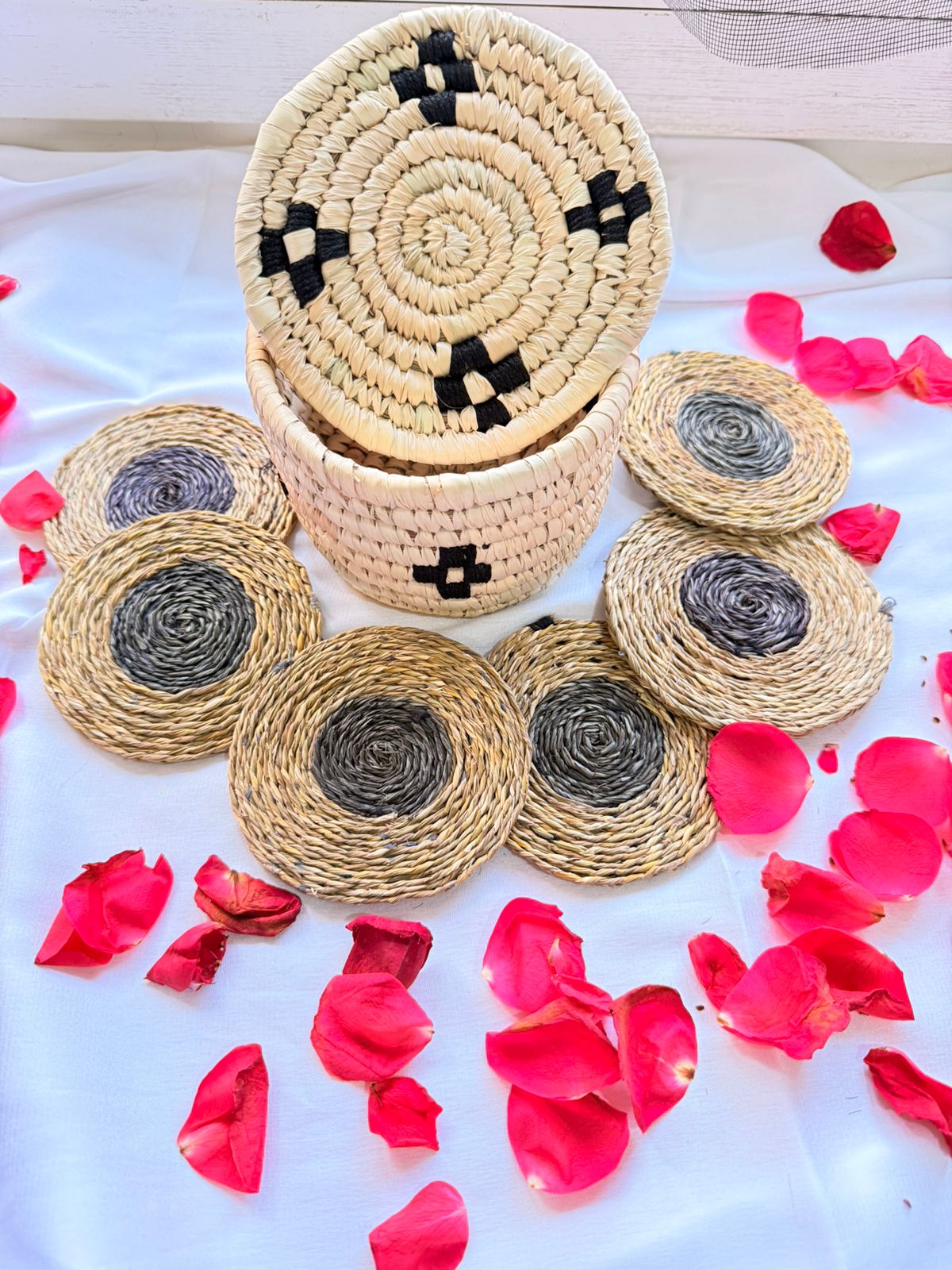 Black and White Handcrafted Jute Coasters With Sabai Grass Basket (SET OF 6 COASTERS + 1 BASKET)