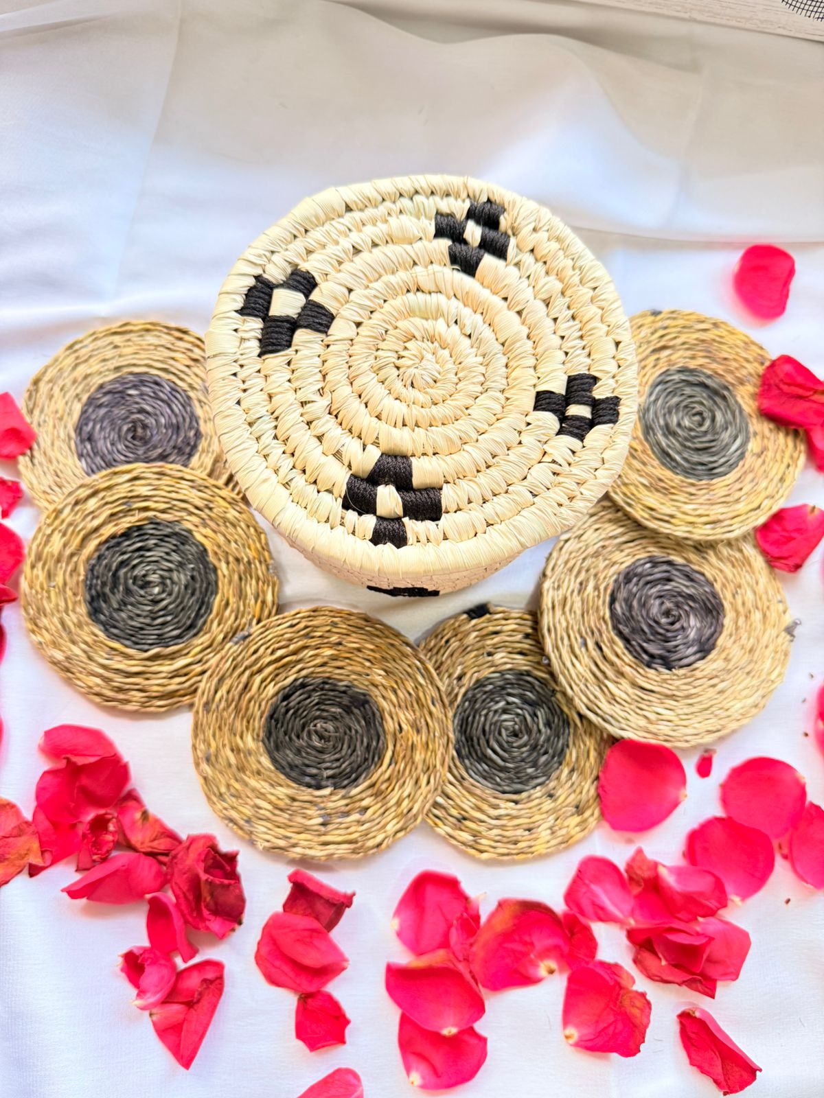 Black and White Handcrafted Jute Coasters With Sabai Grass Basket (SET OF 6 COASTERS + 1 BASKET)