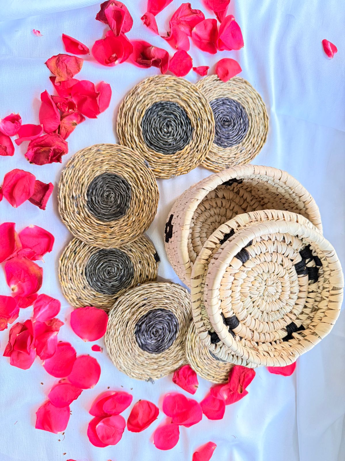 Black and White Handcrafted Jute Coasters With Sabai Grass Basket (SET OF 6 COASTERS + 1 BASKET)