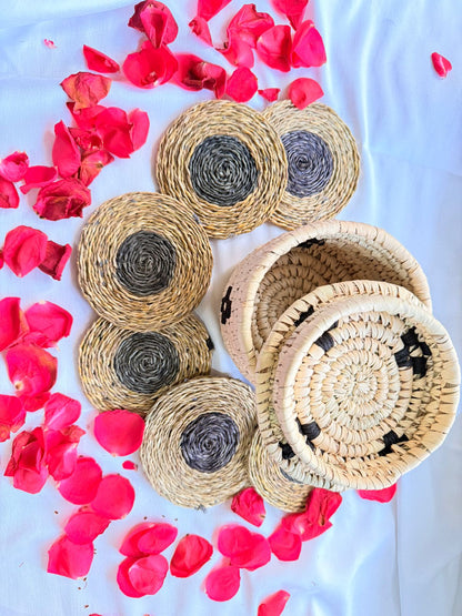 Black and White Handcrafted Jute Coasters With Sabai Grass Basket (SET OF 6 COASTERS + 1 BASKET)