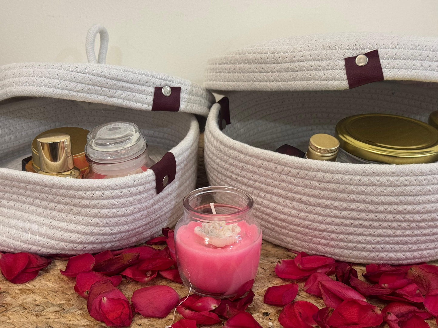 White Jute Organiser with Cap – Set of 2 Covered Storage Baskets