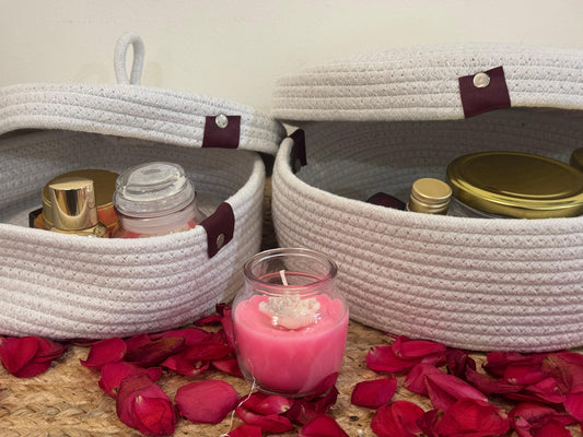 White Jute Organiser with Cap – Set of 2 Covered Storage Baskets