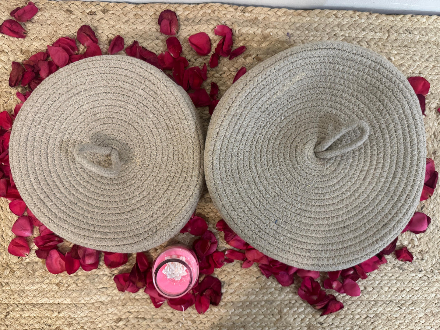 Beige Jute Organizer with Cap – Set of 2 Covered Storage Baskets