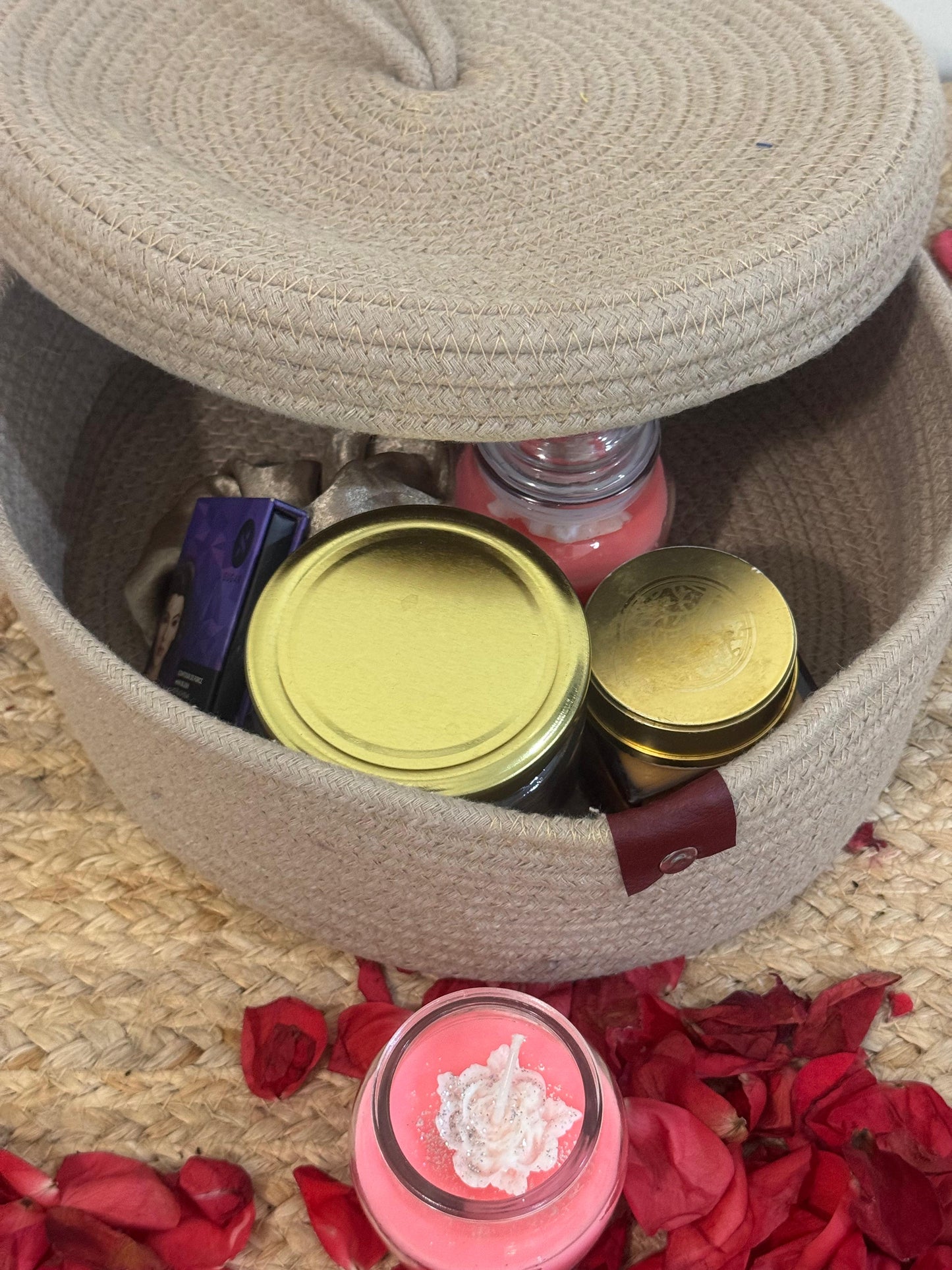 Beige Jute Organizer with Cap – Set of 2 Covered Storage Baskets