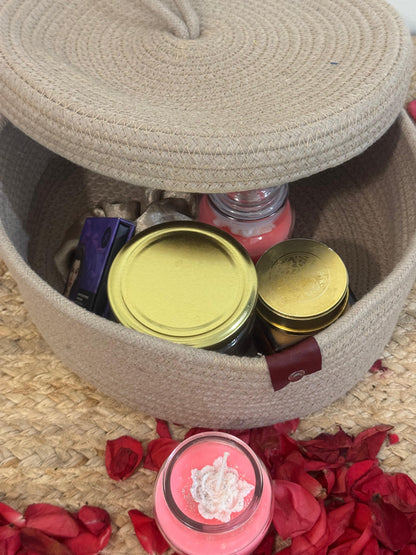 Beige Jute Organizer with Cap – Set of 2 Covered Storage Baskets