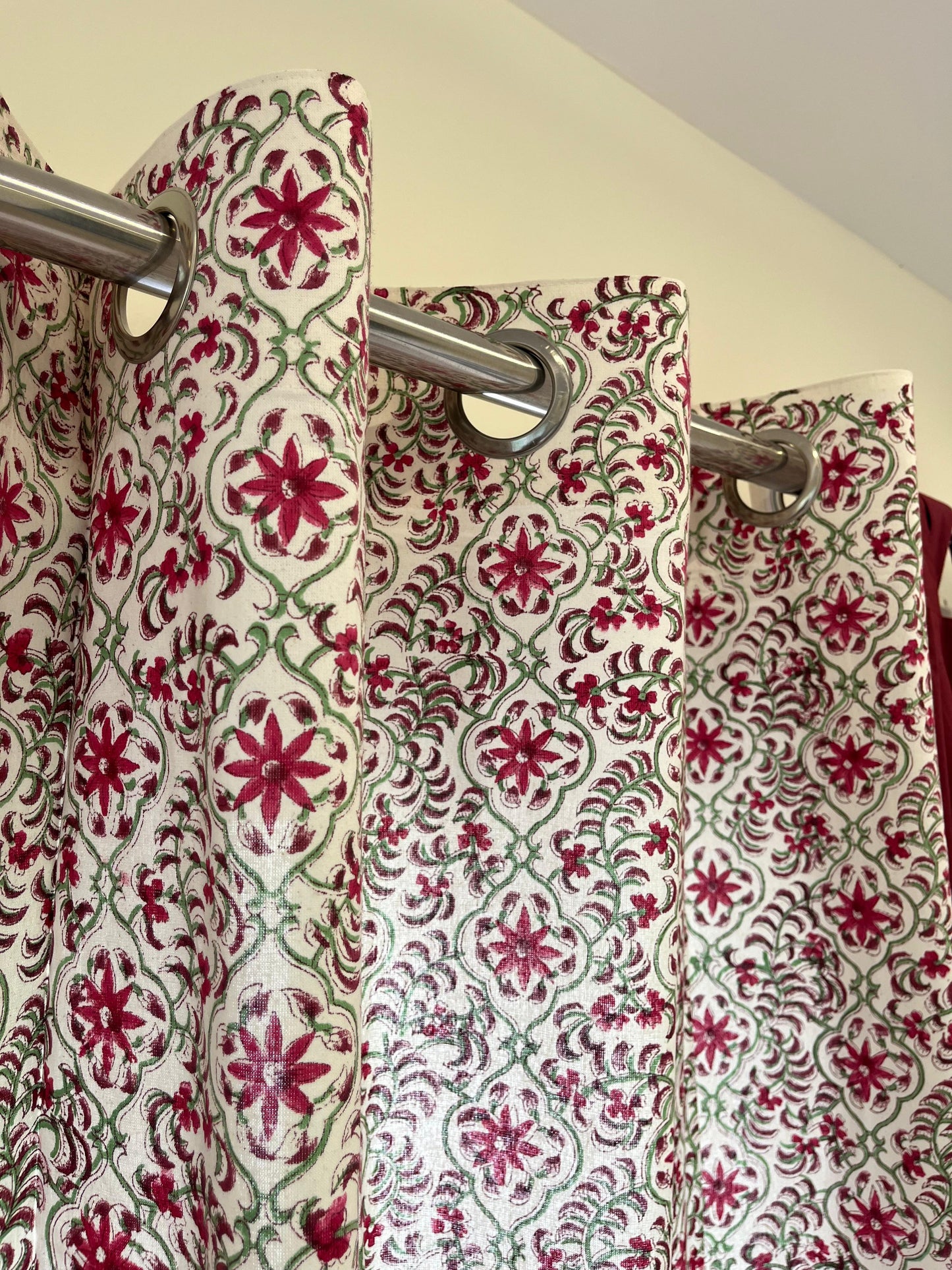 Cotton Floral Curtains White and Maroon (Set of 2)