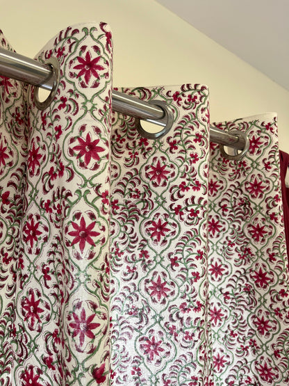 Cotton Floral Curtains White and Maroon (Set of 2)