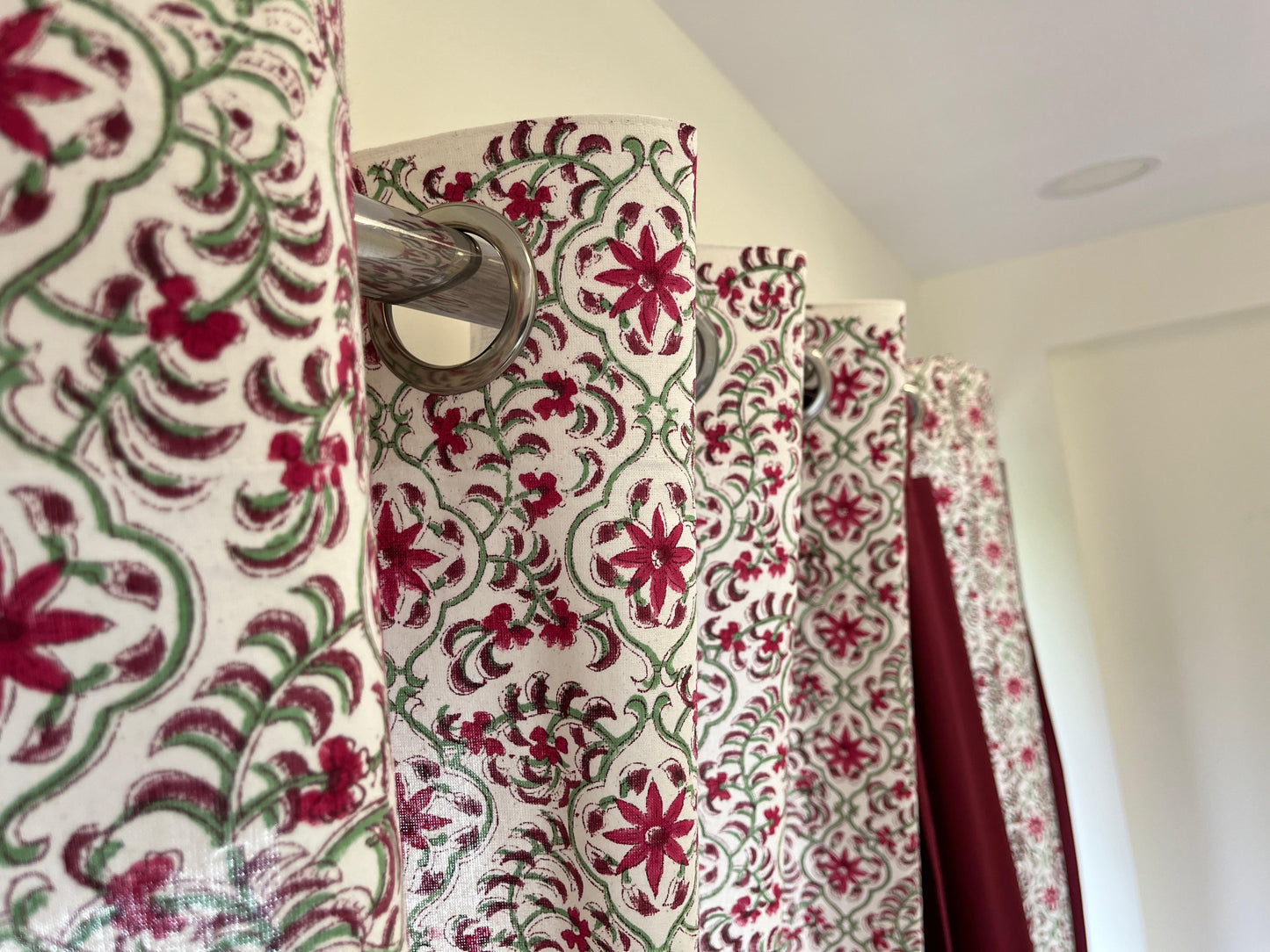 Cotton Floral Curtains White and Maroon (Set of 2)