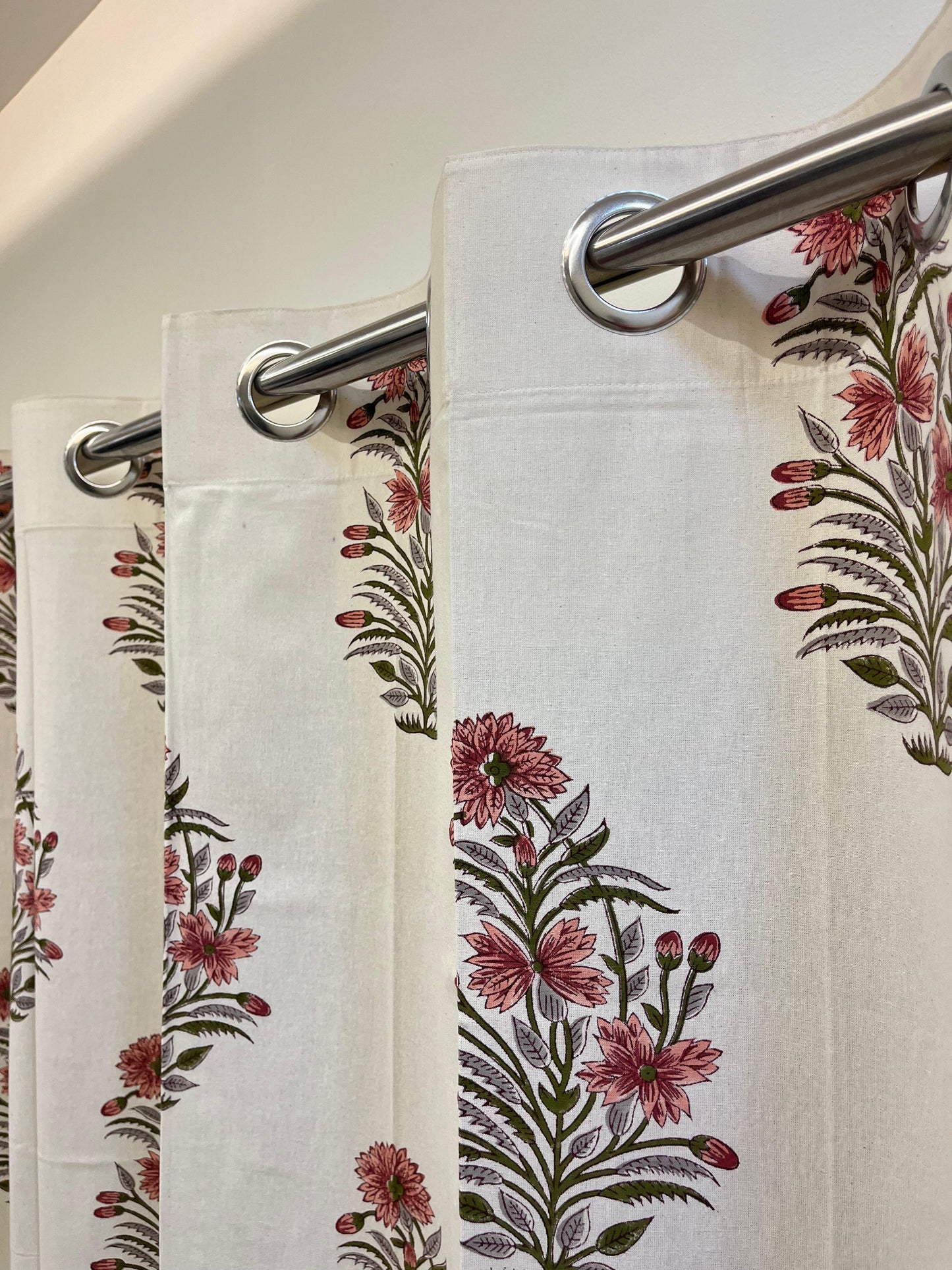 Beige Handblock Floral Cotton Curtains (7 Ft set of 2)
