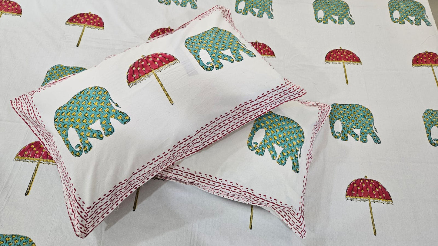 Handblock Elephant Printed Premium Double Bedsheet (Green)