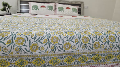 White Handblock Cotton Double Bedsheet Set with 2 Dohars & Pillow Covers
