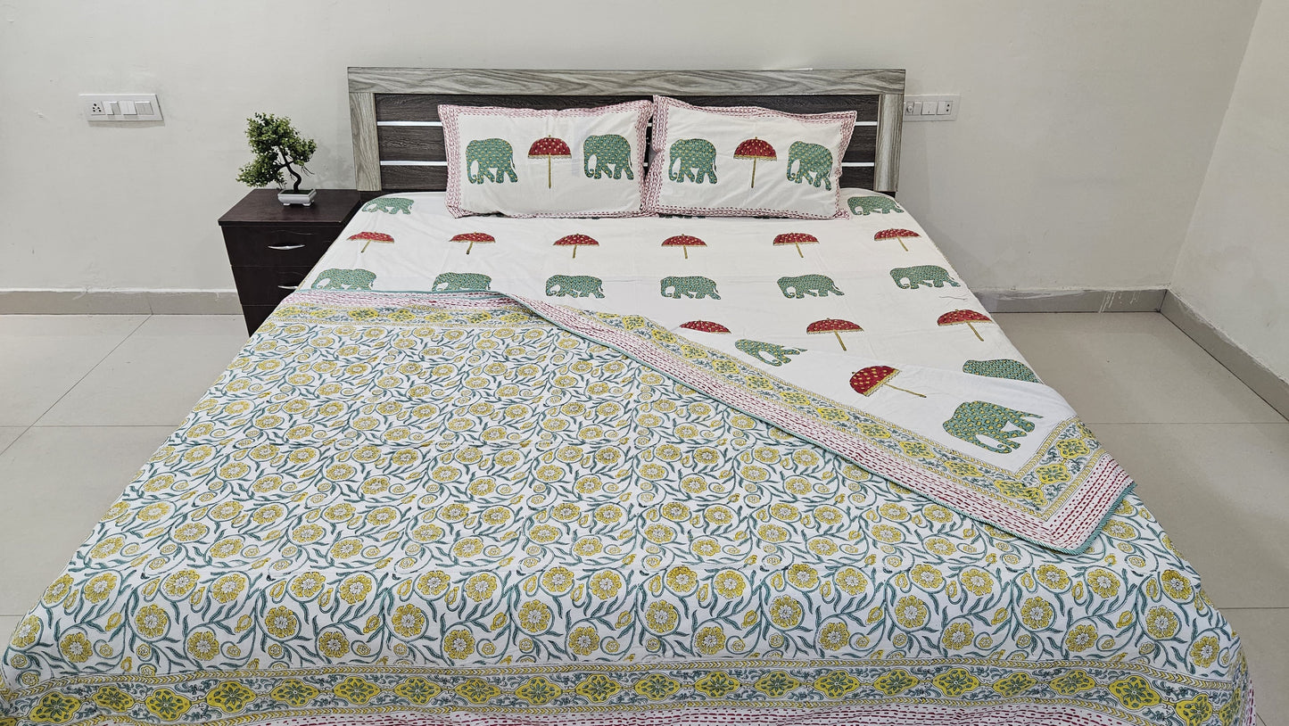 White Handblock Cotton Double Bedsheet Set with 2 Dohars & Pillow Covers