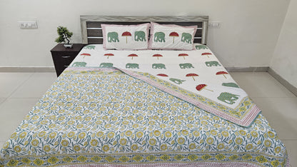 White Handblock Cotton Double Bedsheet Set with 2 Dohars & Pillow Covers