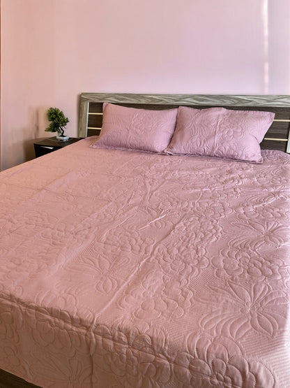Pink Solid Quilted Cotton Bedcover with 2 Pillow Covers