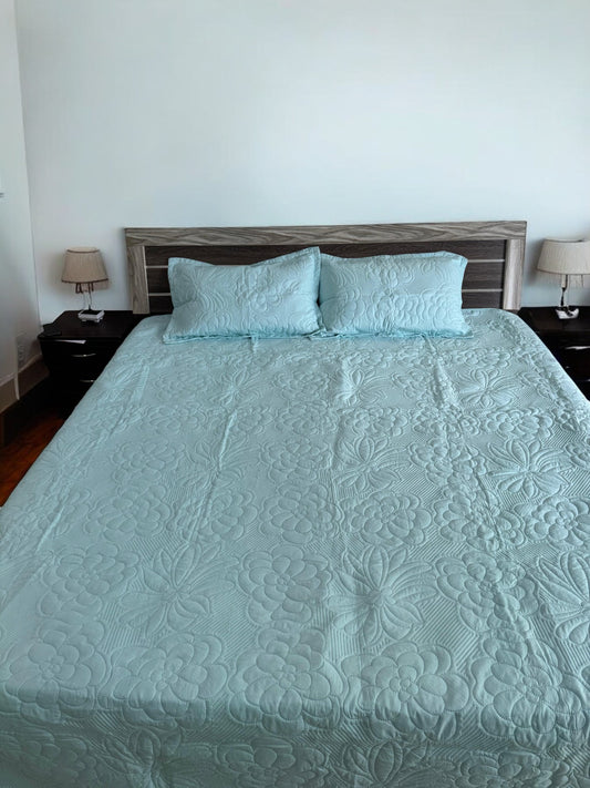 Blue Solid Quilted Cotton Bedcover with 2 Pillow Covers