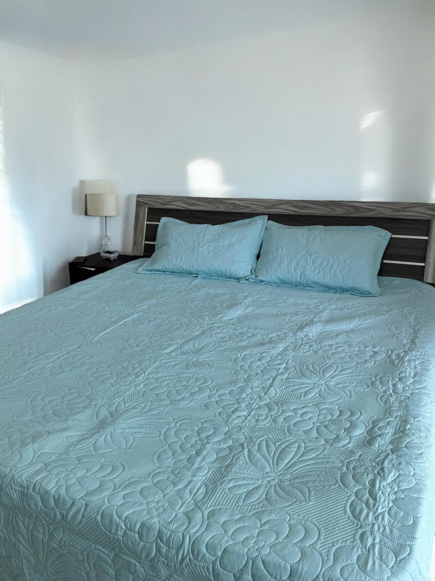 Blue Solid Quilted Cotton Bedcover with 2 Pillow Covers