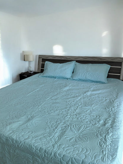 Blue Solid Quilted Cotton Bedcover with 2 Pillow Covers