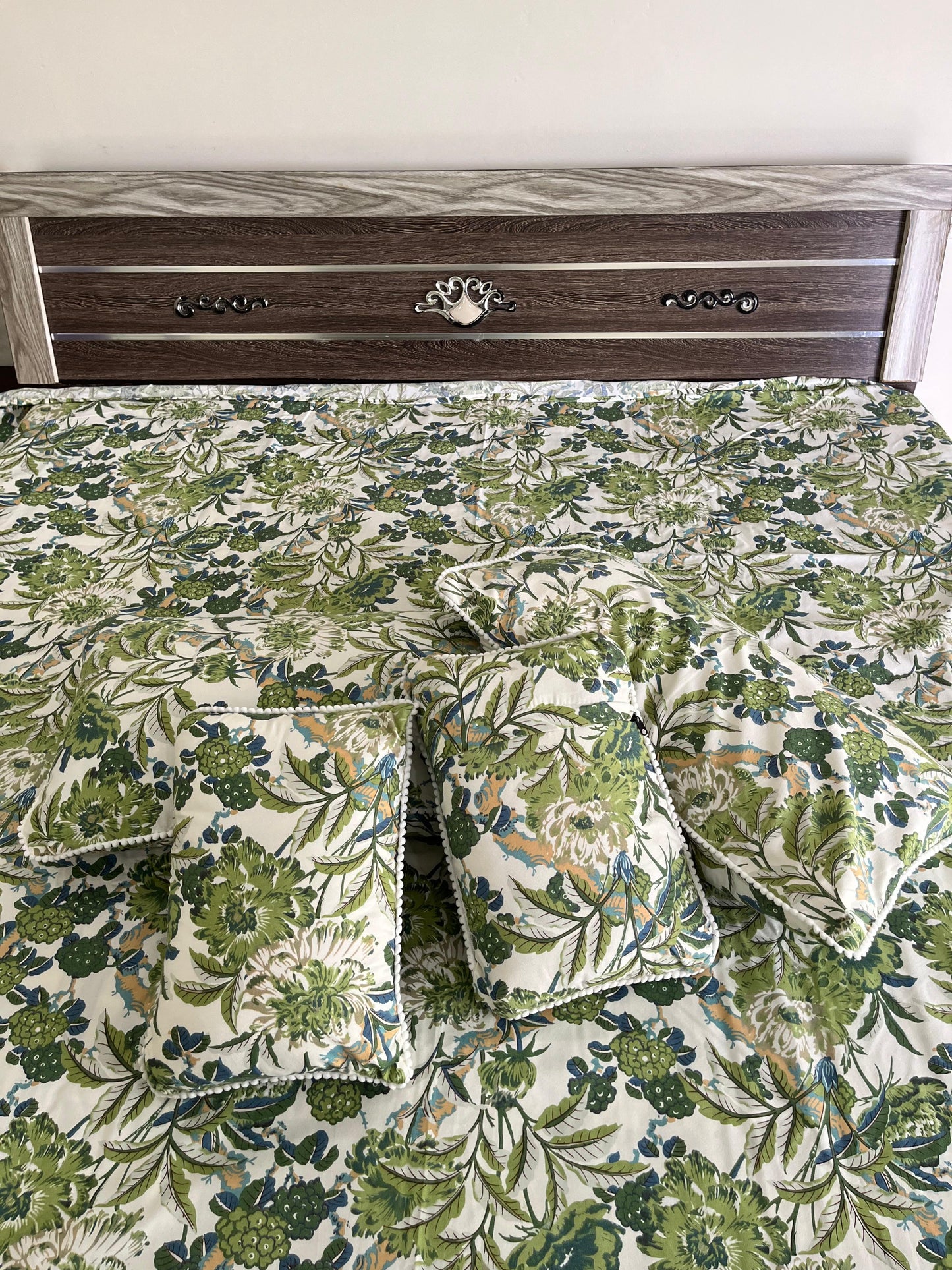 Green Garden Double Bedsheet with 2 Frill Pillows and 2 Cushion Covers