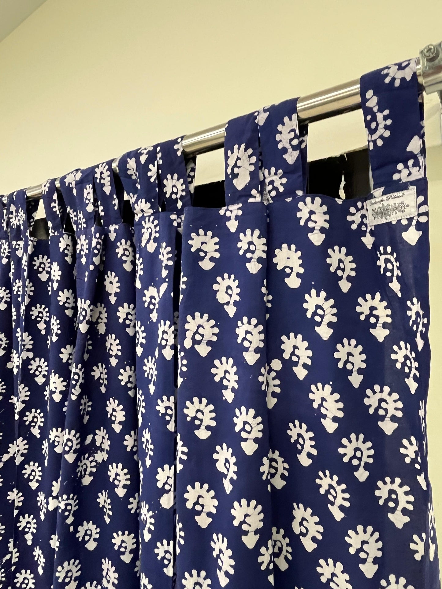 Dark Blue Floral Handblock Print Curtain