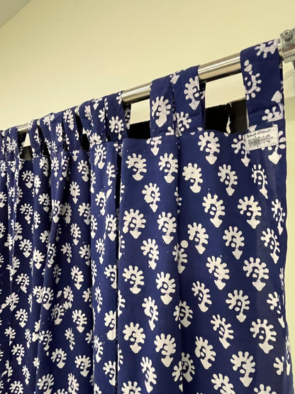 Dark Blue Floral Handblock Print Curtain