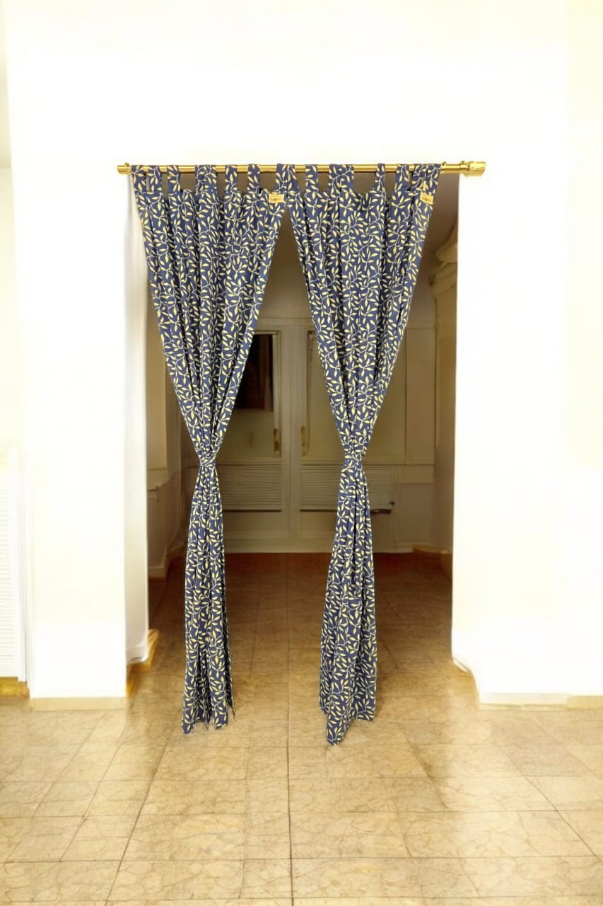 Blue and White Floral Handblock Print Cotton Curtains (7 Ft, Set of 2)