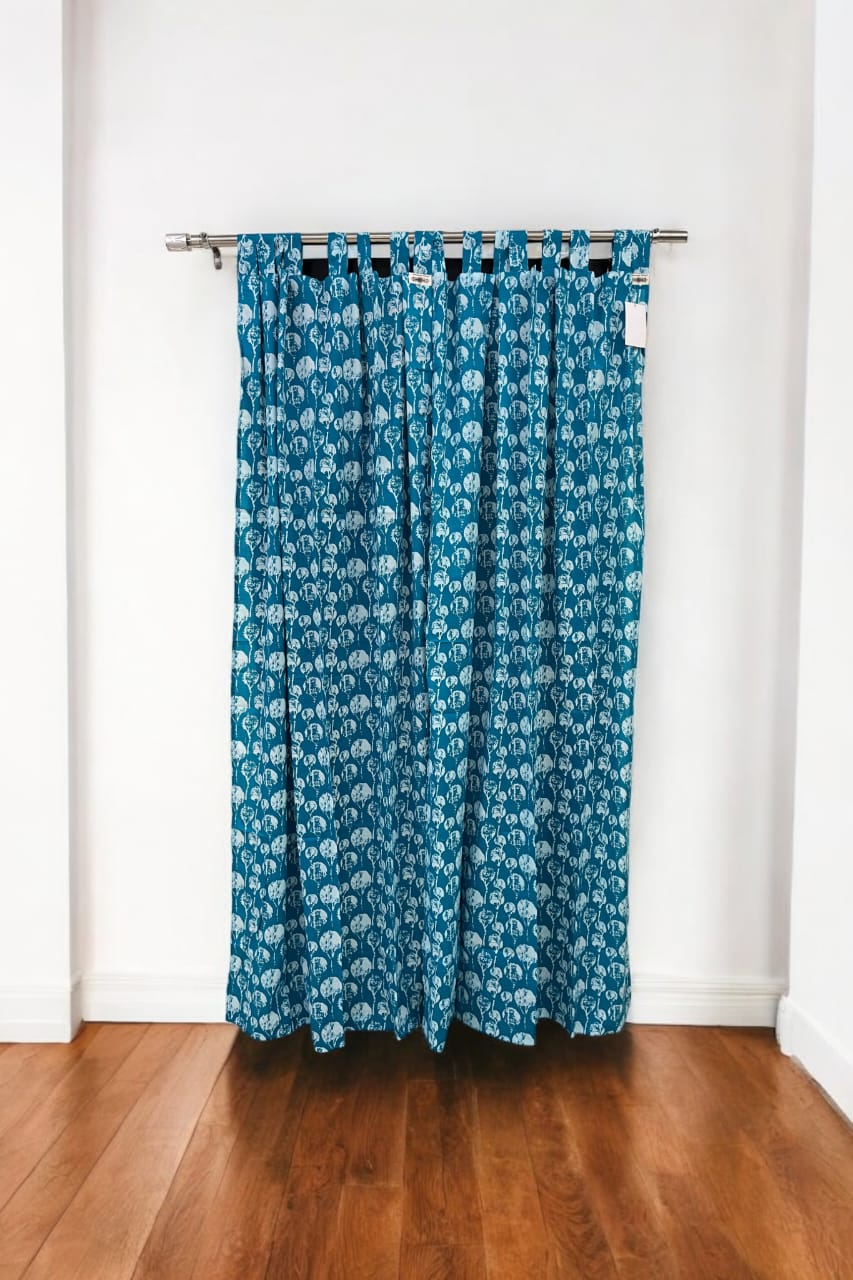 Blue Floral Handblock Print Curtains (Set of 2)