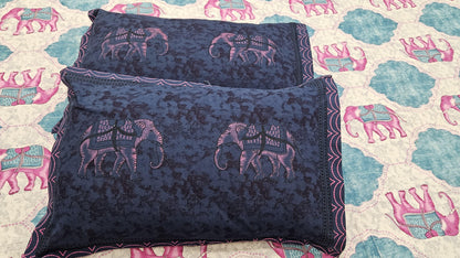 Pink Elephant Embroidery Double Bedsheet with 2 Pillow Cover