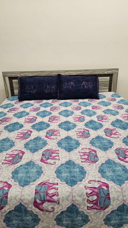 Pink Elephant Embroidery Double Bedsheet with 2 Pillow Cover