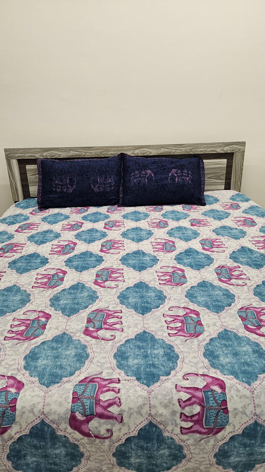 Pink Elephant Embroidery Double Bedsheet with 2 Pillow Cover
