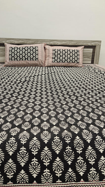 Black Barmeri Print Double Bedsheet with 2 Pillow Covers
