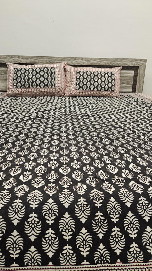 Black Barmeri Print Double Bedsheet with 2 Pillow Covers
