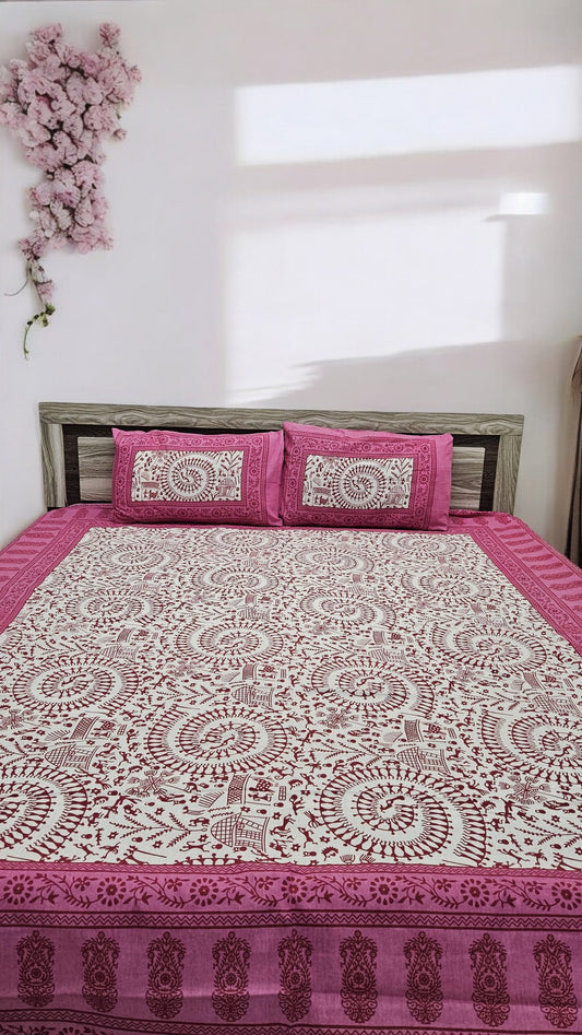 Pink Tribal Print Double Bedsheet with 2 Pillow Cover