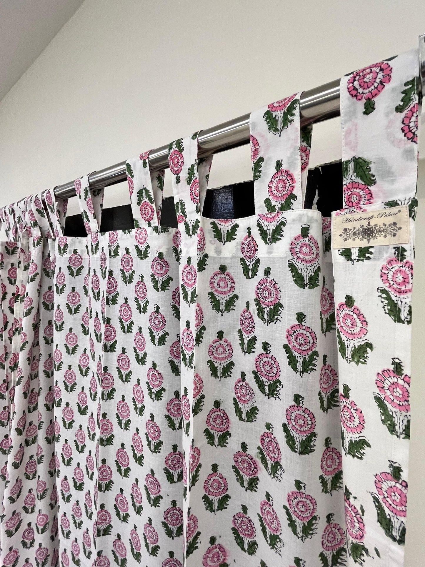 White Pink Floral Handblock Print Curtains