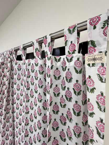 White Pink Floral Handblock Print Curtains