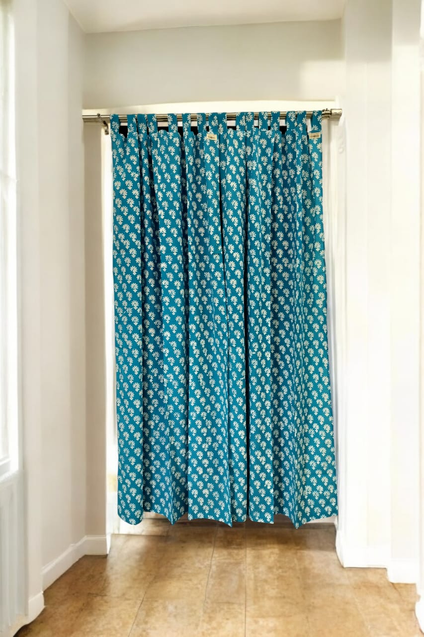 Floral Handblock Print Curtains, Cerulean Blue